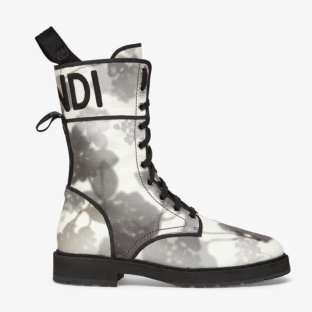 Side view of Fendi Women Signature Gray Canvas Biker Boots showing silhouette