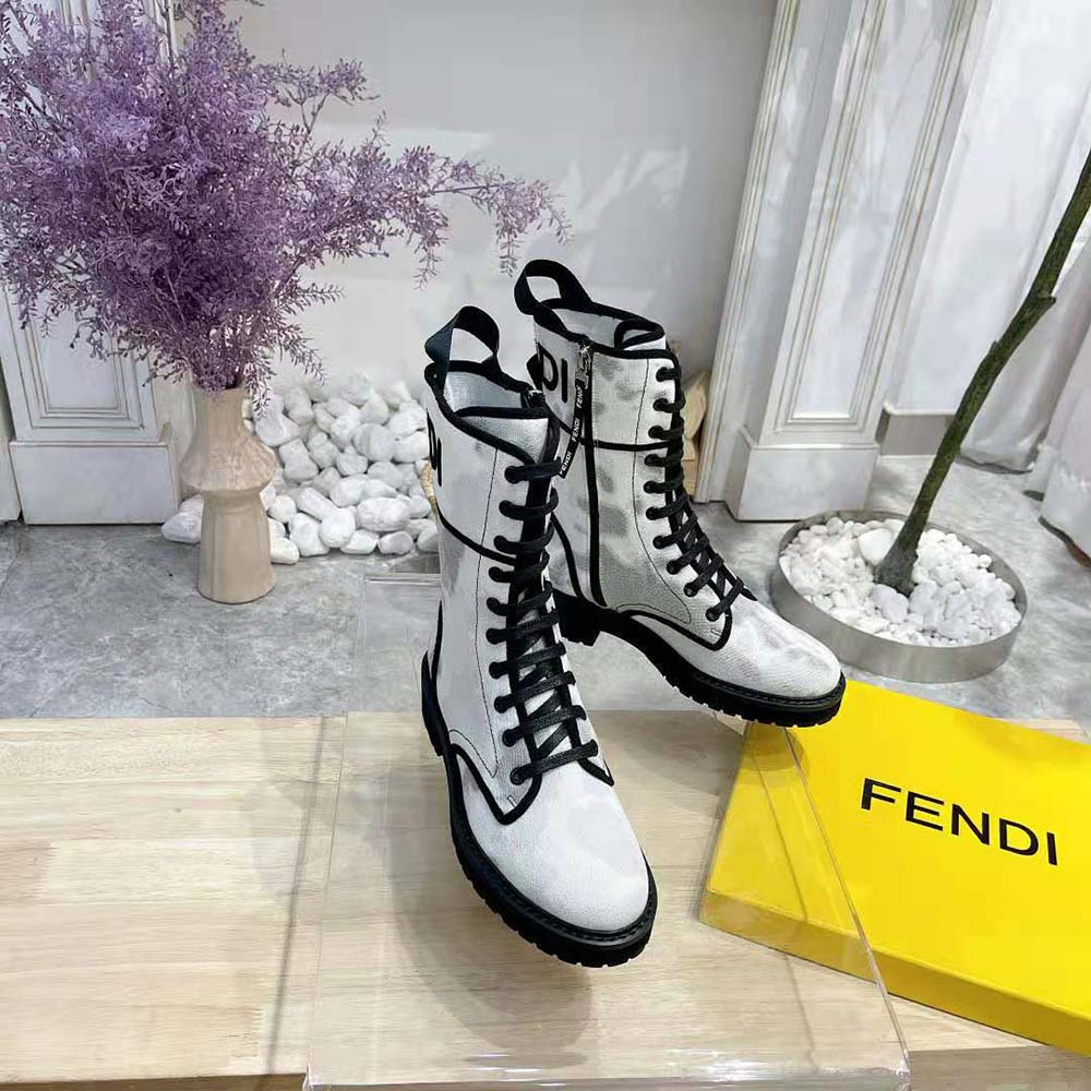 Top angle of Fendi Women Signature Gray Canvas Biker Boots laces and logo