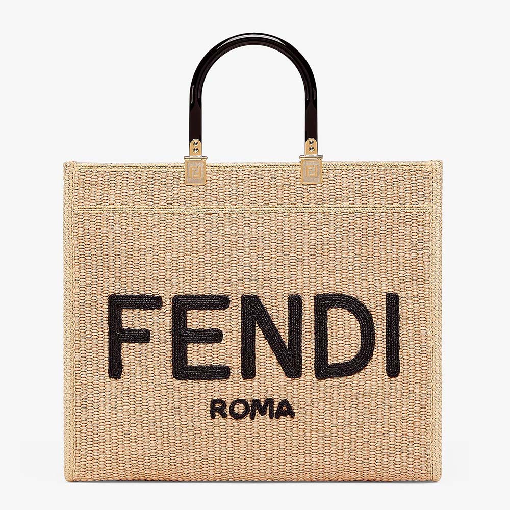 Front view of Fendi Women Sunshine Medium Embroidered Straw Shopper in beige