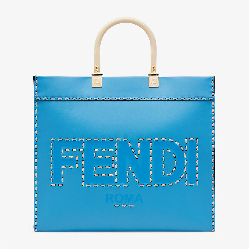 Front view of Fendi Women Sunshine Medium Leather Shopper-Blue with logo detail