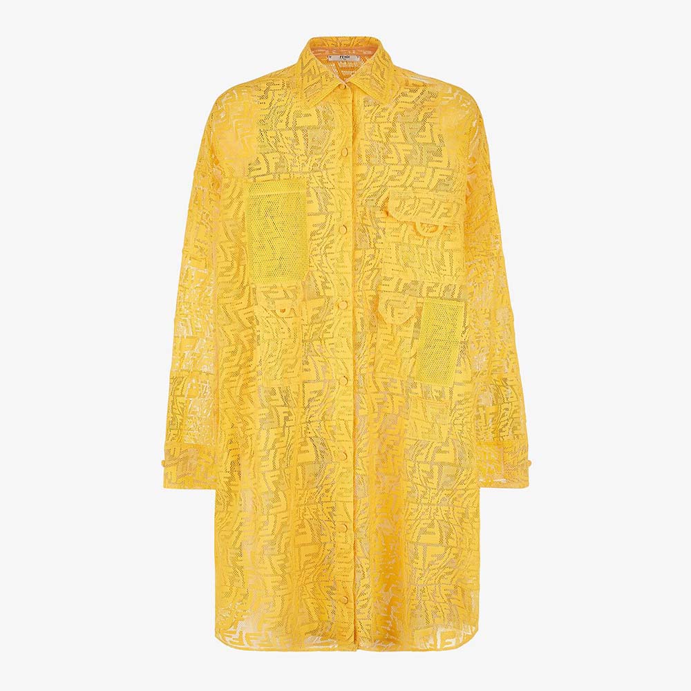 Front view of Fendi Women Yellow Lace Oversized Shirt Dress in vibrant yellow