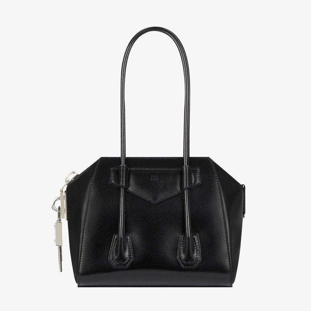 Front view of Givenchy Women Mini Antigona Lock in Box Leather-Black handbag