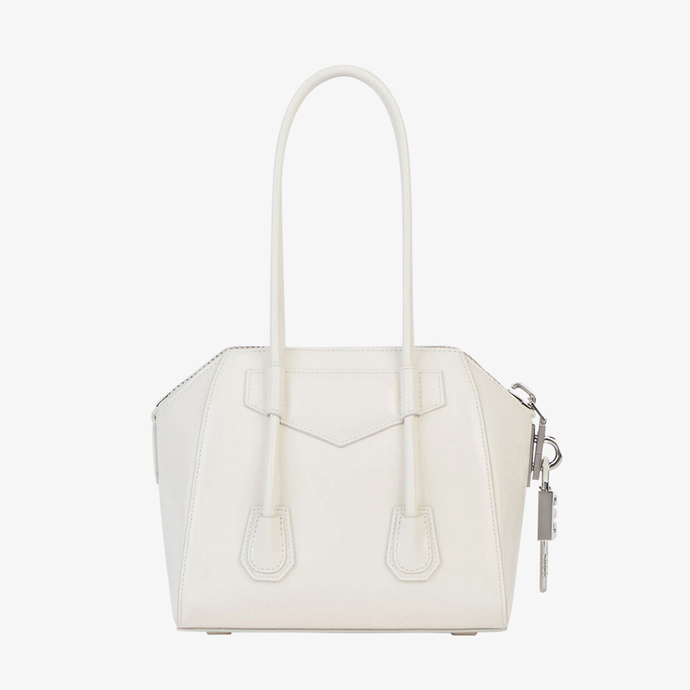 Front view of Givenchy Women Mini Antigona Lock in Box Leather-White handbag