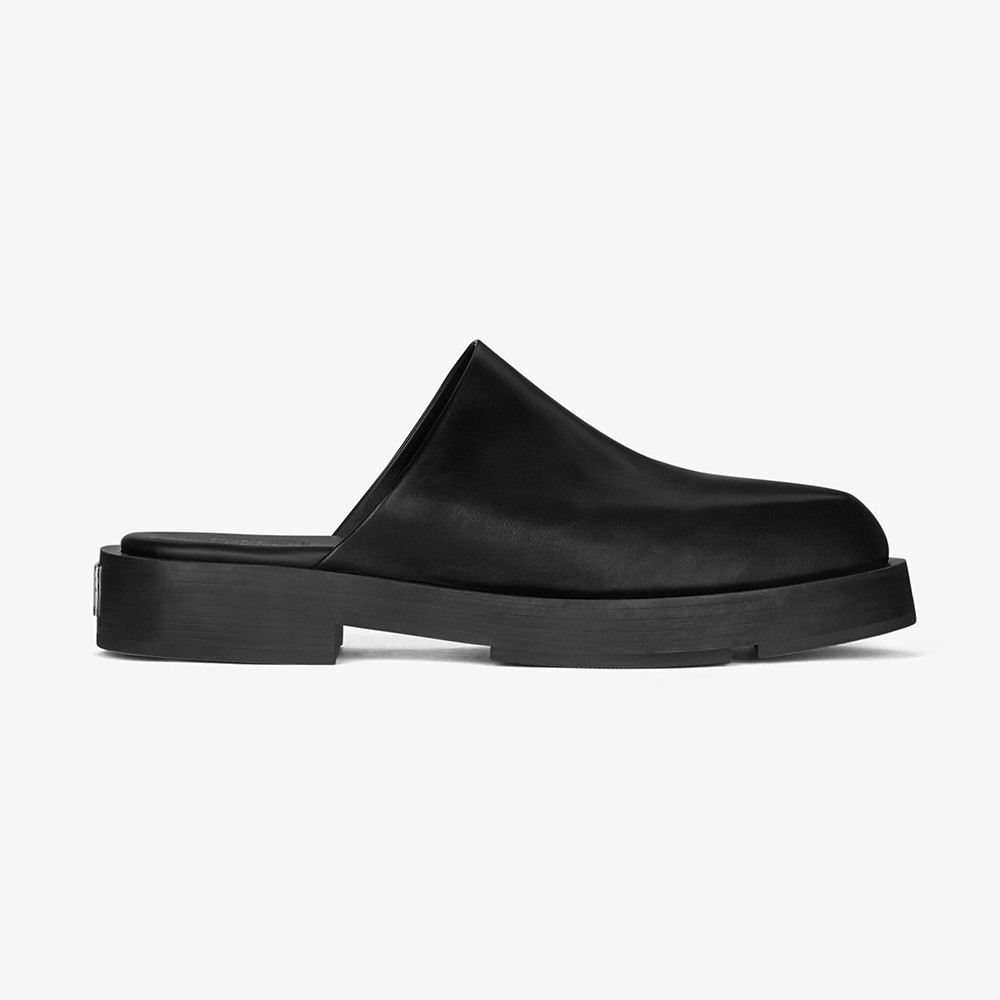 Side profile of Givenchy Women Squared Open Loafers in black box leather