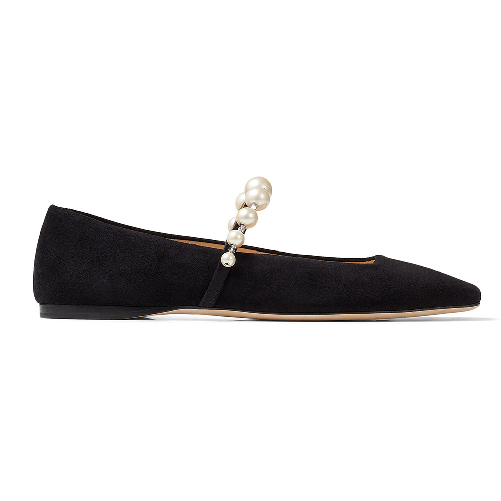 Side profile of Jimmy Choo Women Ade Flat Ballet Black Suede Flats with Pearl Embellishment
