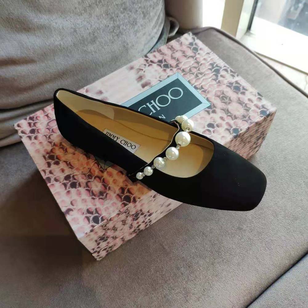 Jimmy Choo Women Ade Flat Ballet Black Suede Flats with Pearl Embellishment - image 8