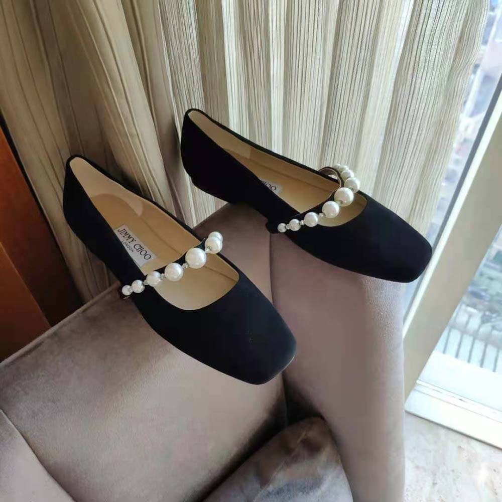 Jimmy Choo Women Ade Flat Ballet Black Suede Flats with Pearl Embellishment - image 6