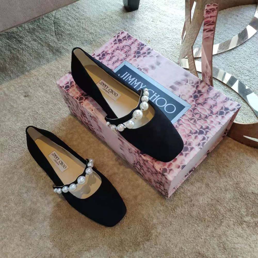 Top view of Jimmy Choo Women Ade Flat Ballet Black Suede Flats showing silhouette