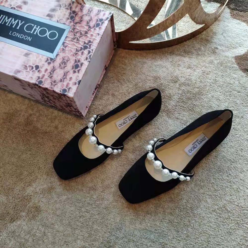 Jimmy Choo Women Ade Flat Ballet Black Suede Flats with Pearl Embellishment - image 4