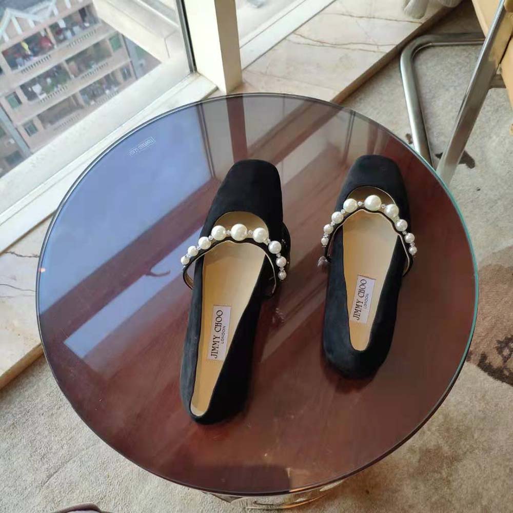 Jimmy Choo Women Ade Flat Ballet Black Suede Flats with Pearl Embellishment - image 5