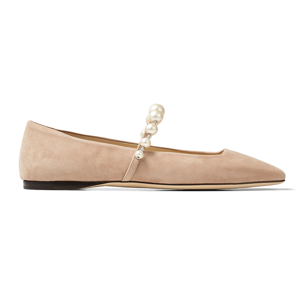Side view of Jimmy Choo Women Ade Flat Ballet Pink Suede Flats with pearl detail