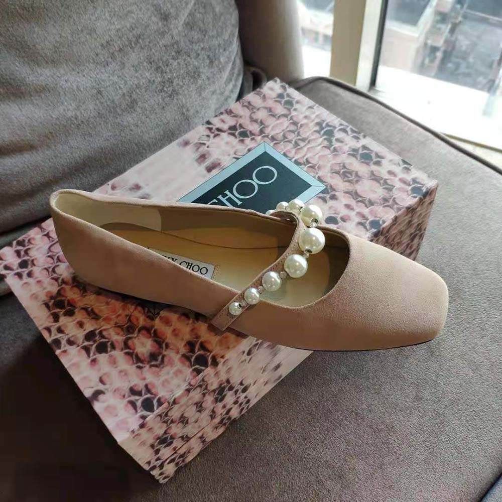 Jimmy Choo Women Ade Flat Ballet Pink Suede Flats with Pearl Embellishment - image 8