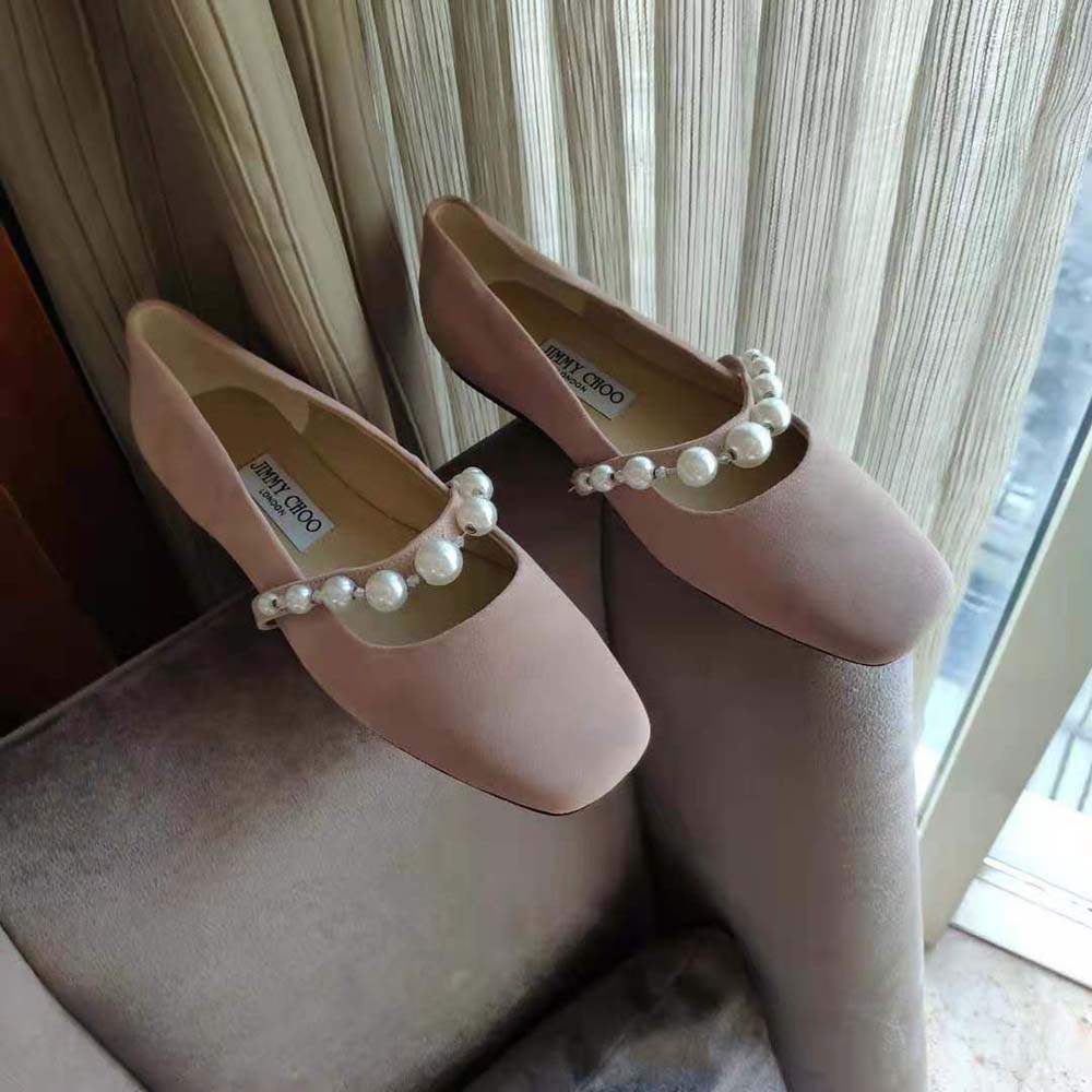 Jimmy Choo Women Ade Flat Ballet Pink Suede Flats with Pearl Embellishment - image 4