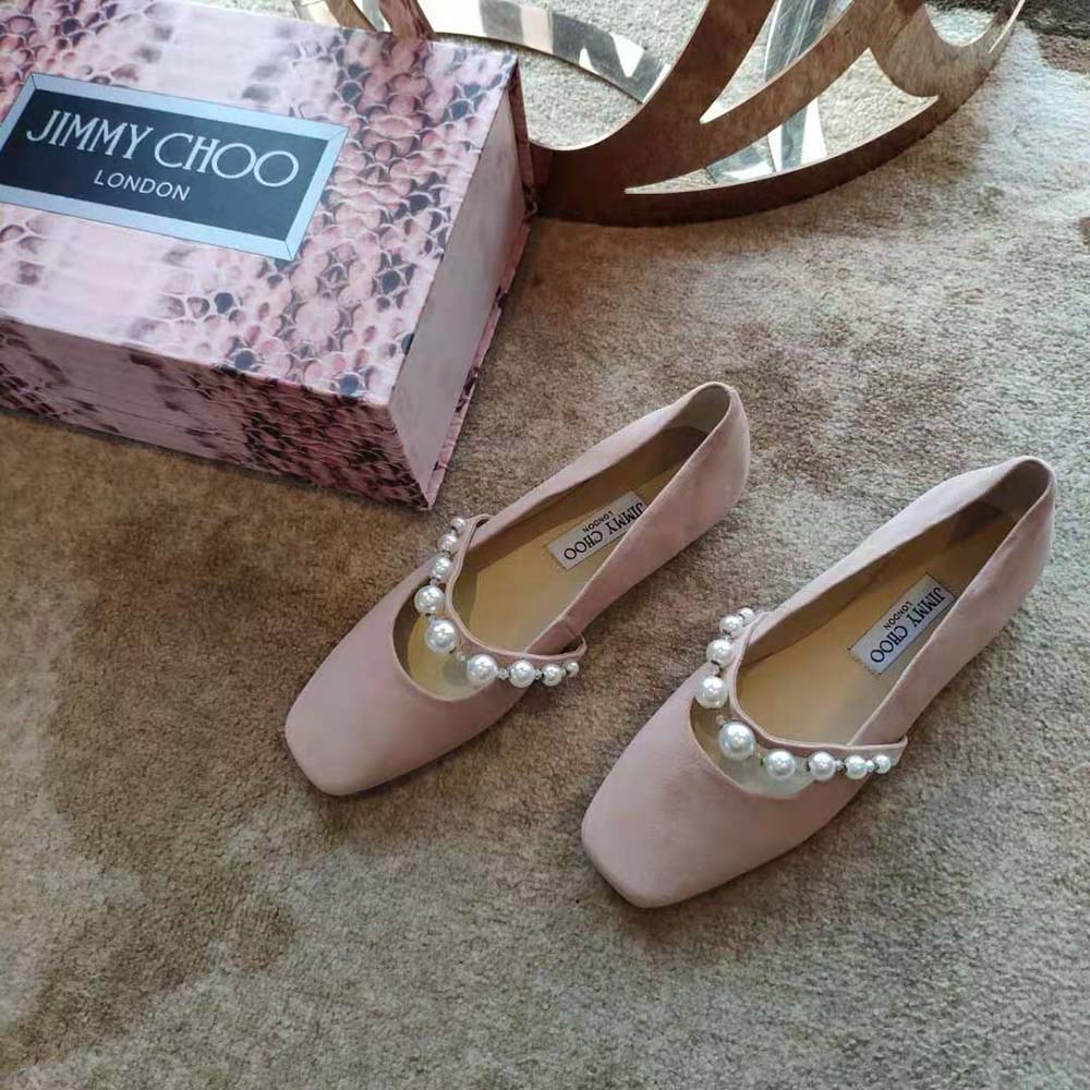 Jimmy Choo Women Ade Flat Ballet Pink Suede Flats with Pearl Embellishment - image 5
