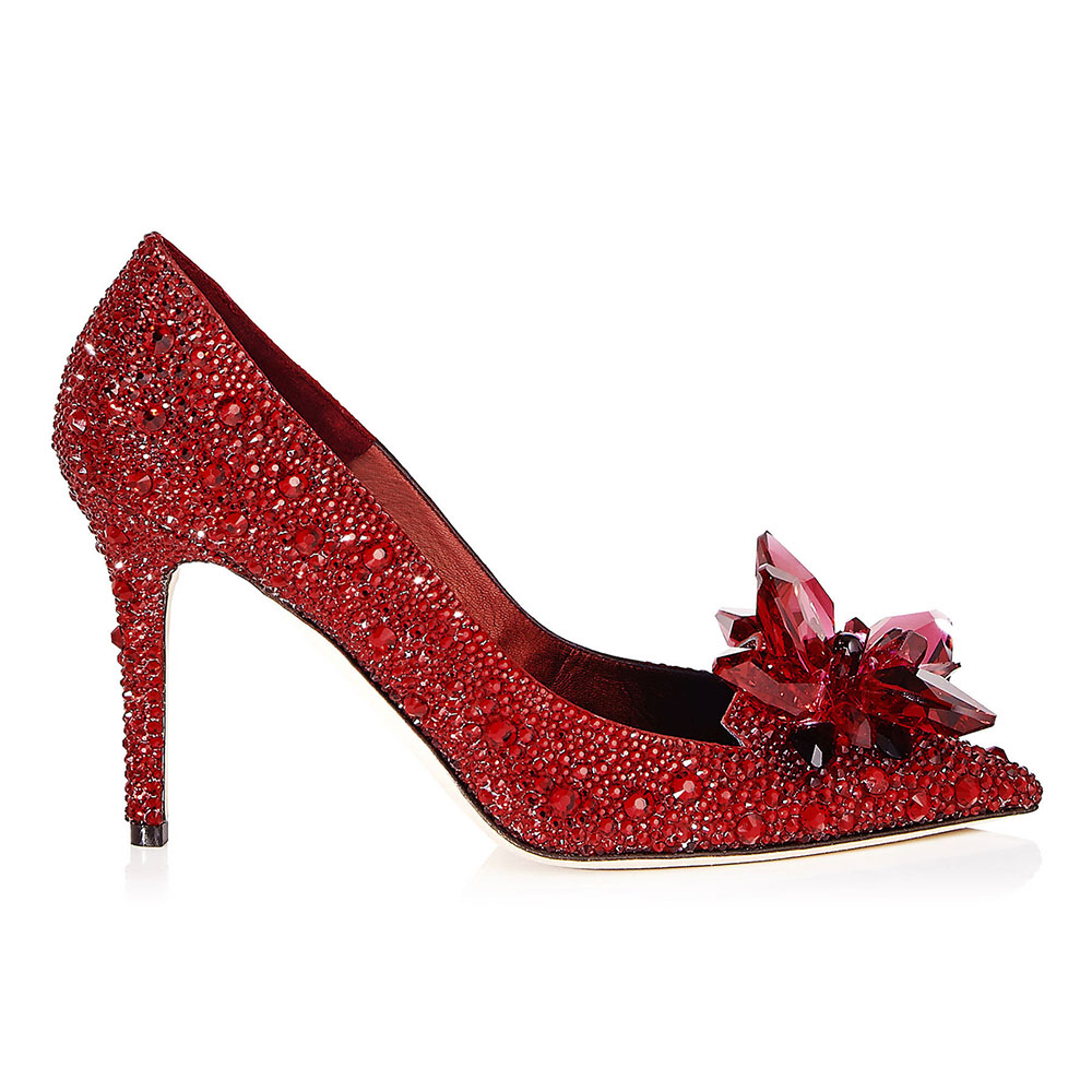 Front angle of Jimmy Choo Women Alia Red Crystal Covered Pointy Toe Pumps