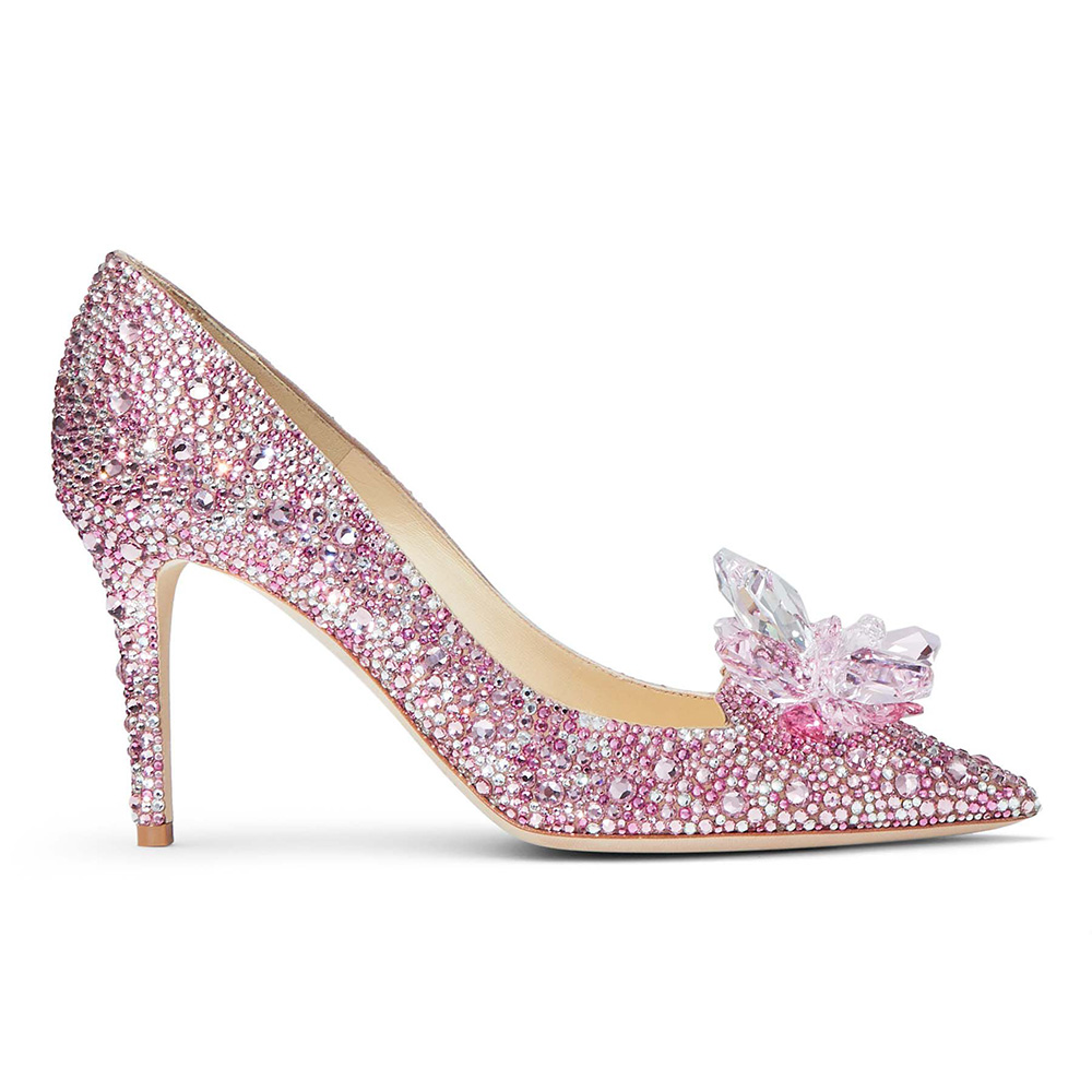 Side view of Jimmy Choo Women Alia Rose Mix Suede and Crystal Covered Pointy Toe Pumps