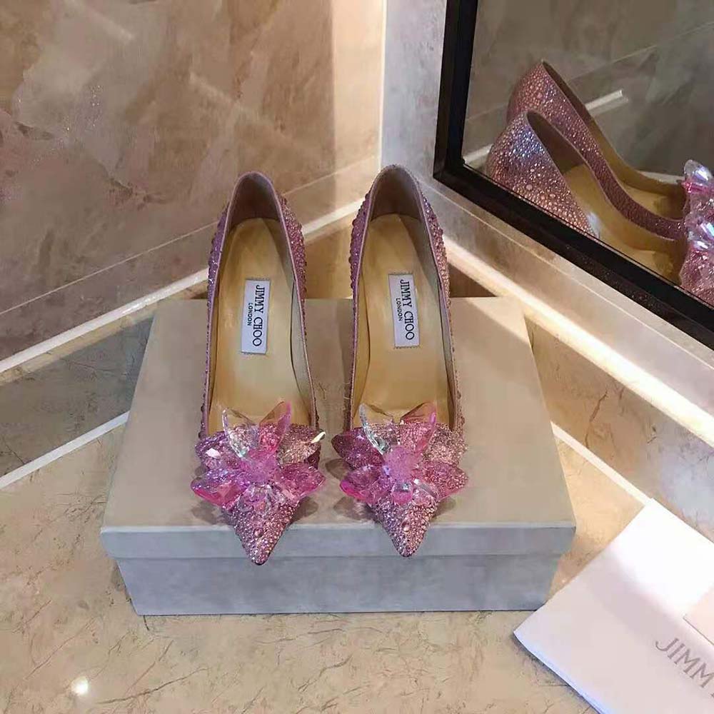 Close-up of sparkling crystal embellishments on Jimmy Choo Women Alia Rose Mix Pumps