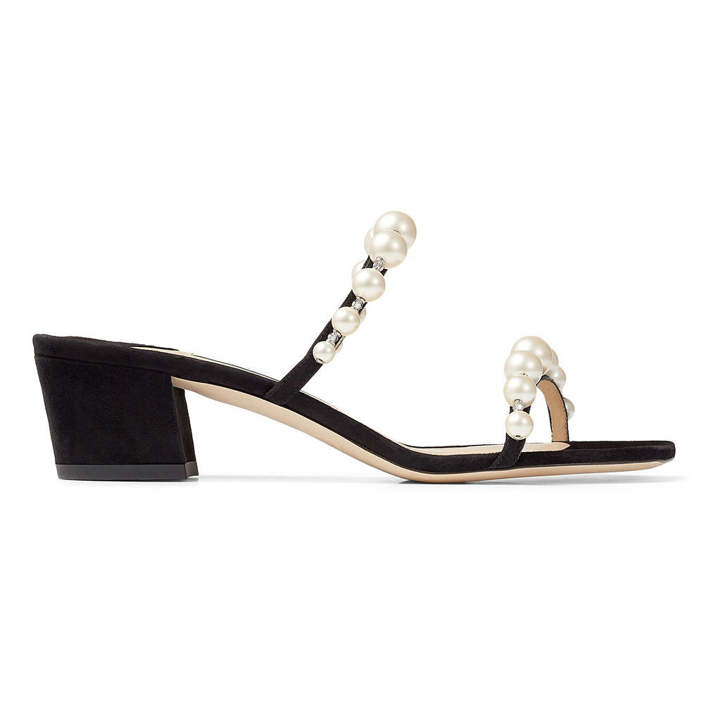 Side view of Jimmy Choo Women Amara 45 Black Suede Mules with pearl detail