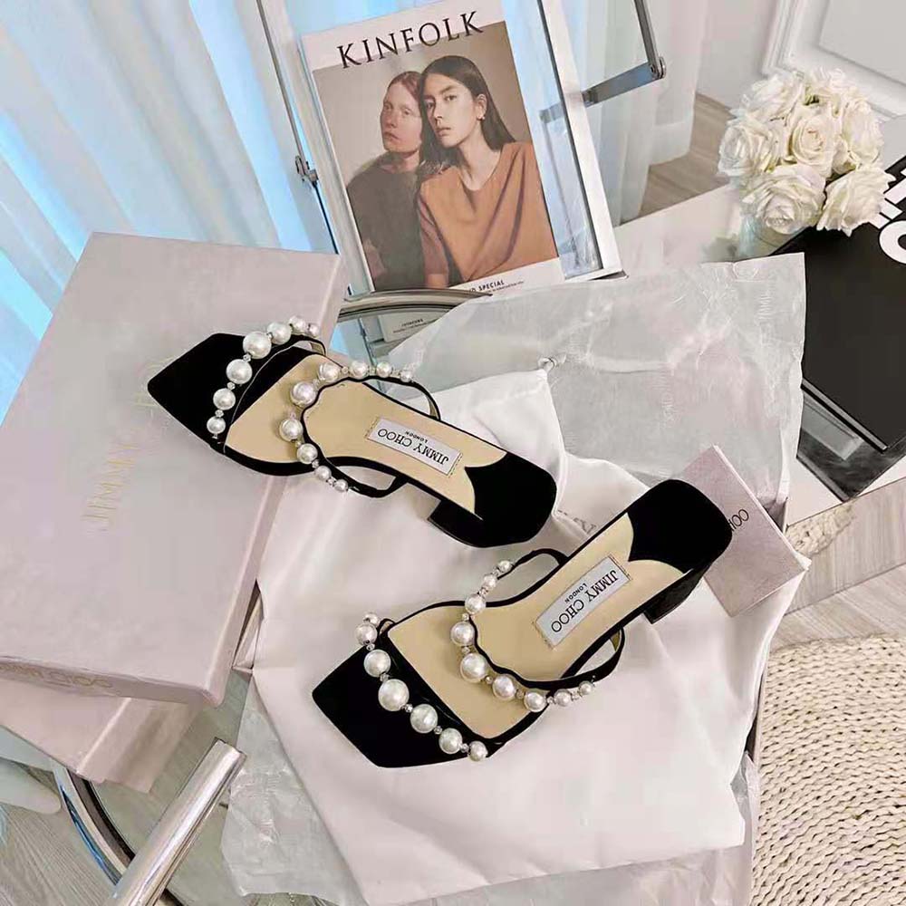 Overhead angle showing silhouette of Jimmy Choo Amara 45 Black Suede Mules