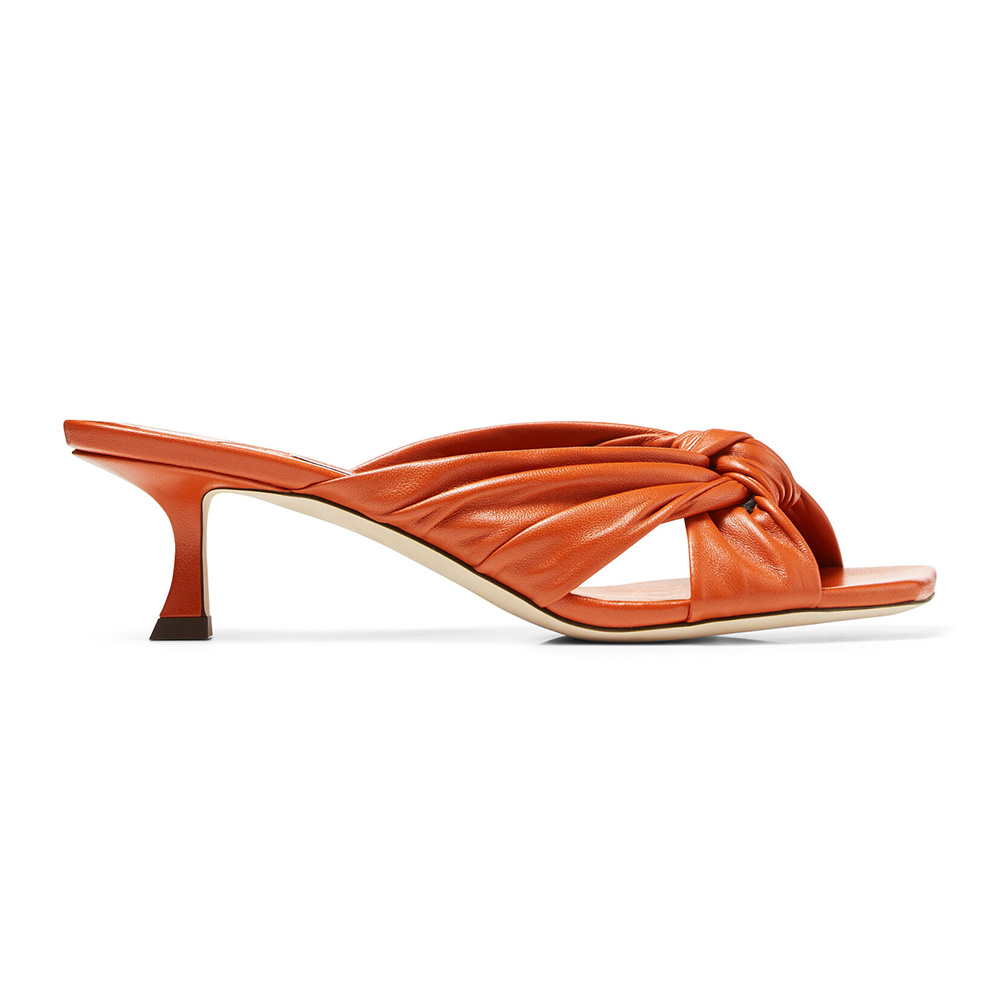 Side profile of Jimmy Choo Women Avenue 50 Latte Nappa Leather Mules-Orange