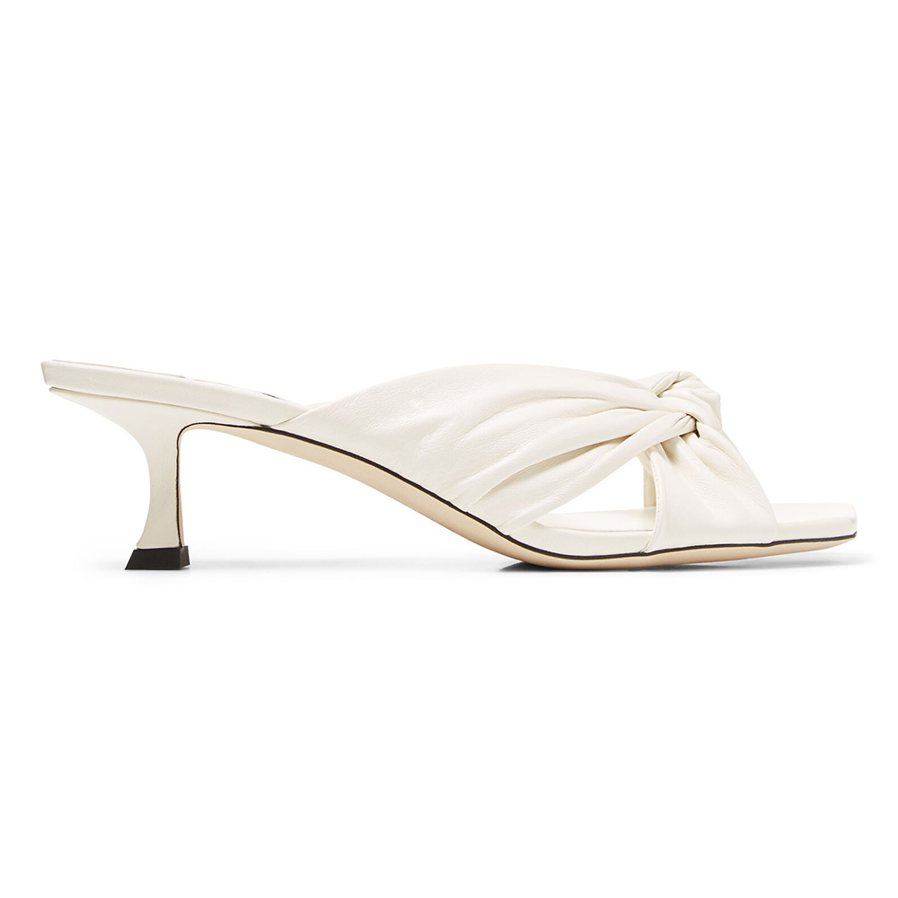 Side angle view of Jimmy Choo Women Avenue 50 Latte Nappa Leather Mules-White