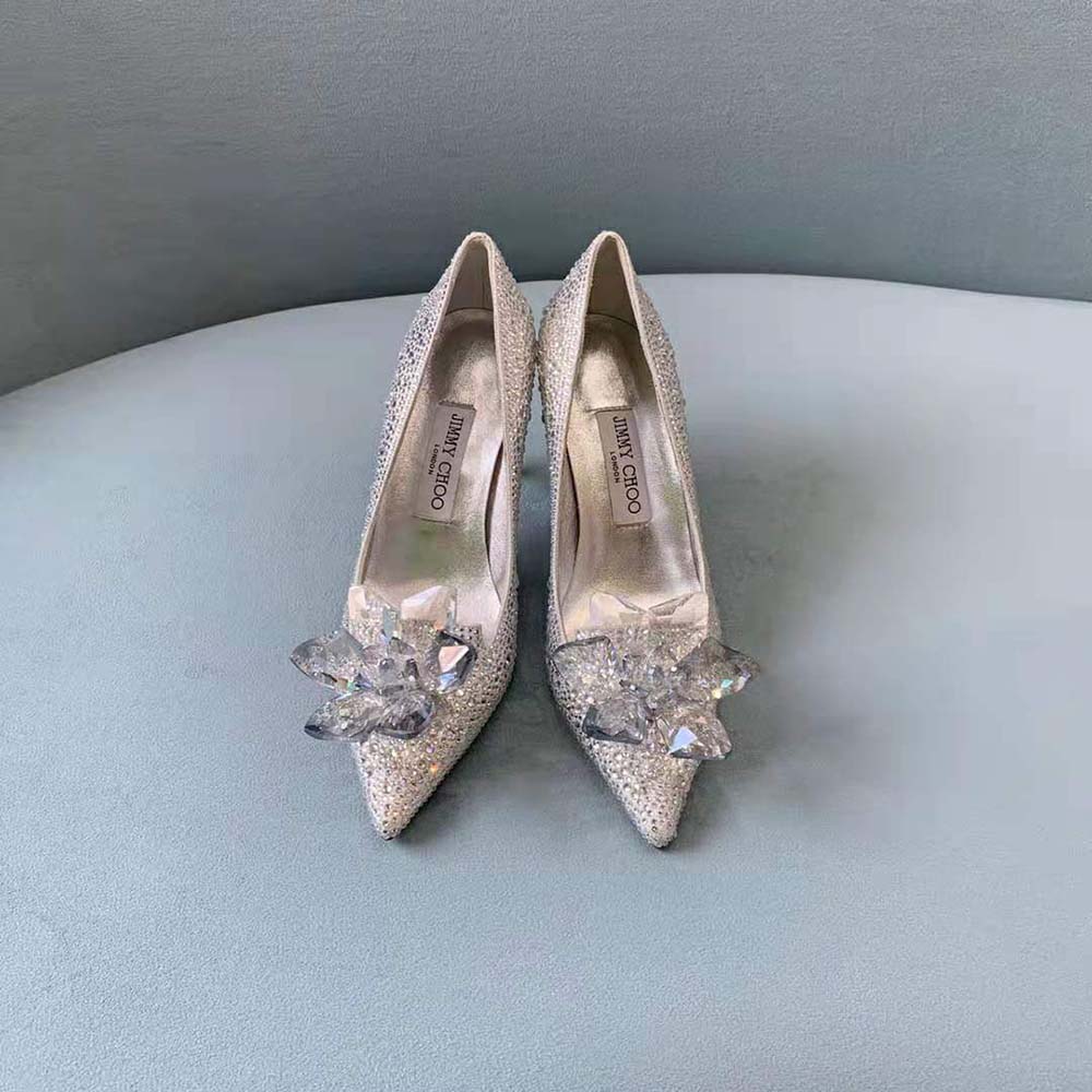 Close-up of sparkling crystal detail on Jimmy Choo Women Avril pumps