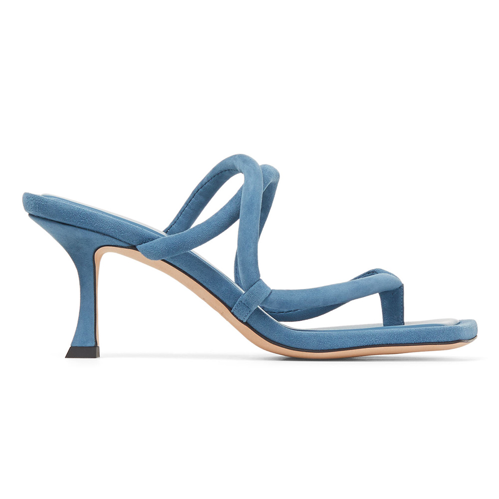 Side view of Jimmy Choo Women Cape 70 Butterfly Blue Suede Thong Mules