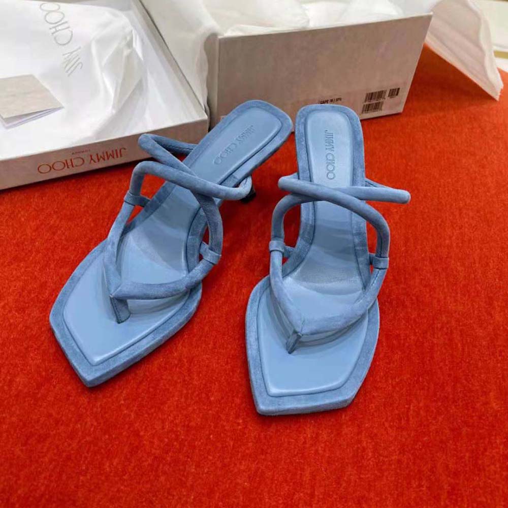 Overhead shot showing thong design and blue suede texture