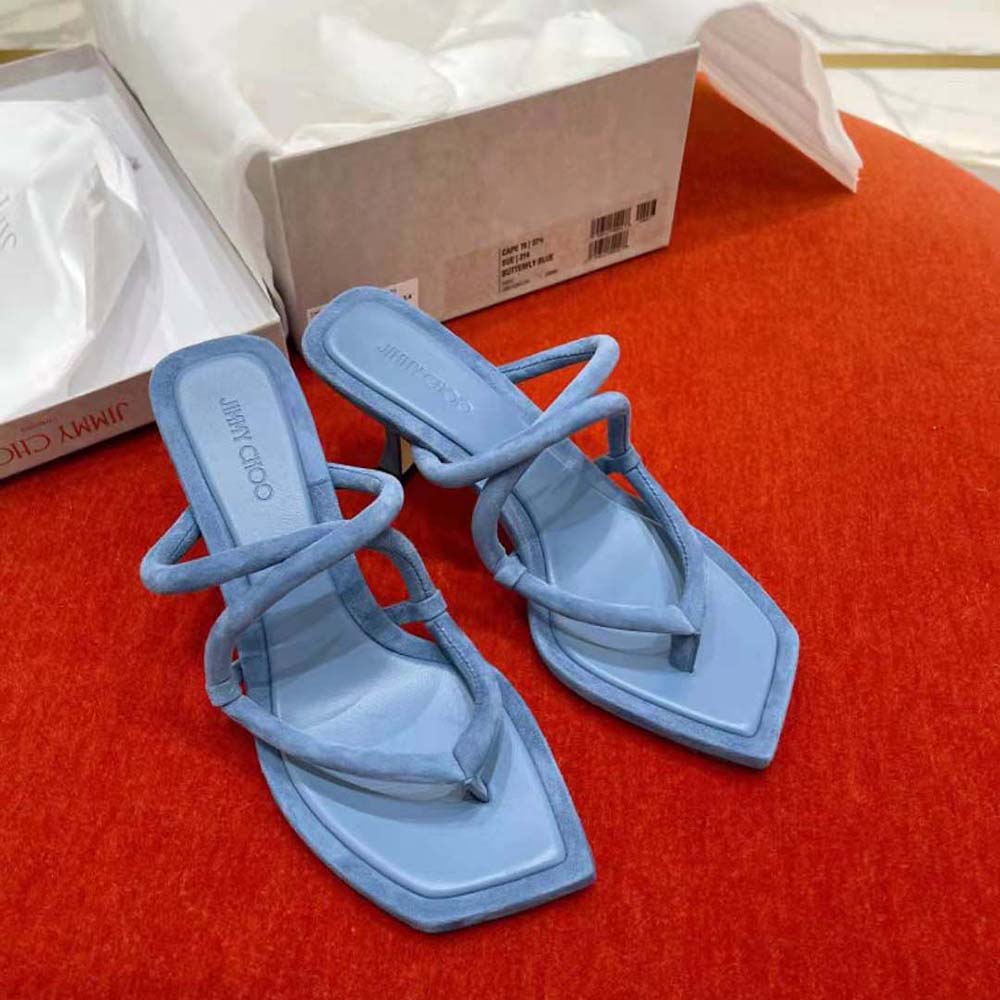 Jimmy Choo Women Cape 70 Butterfly Blue Suede Thong Mules - image 5