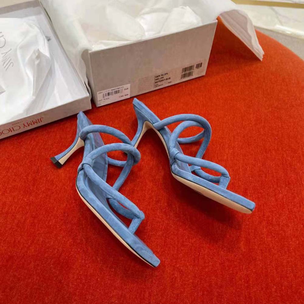Jimmy Choo Women Cape 70 Butterfly Blue Suede Thong Mules - image 7