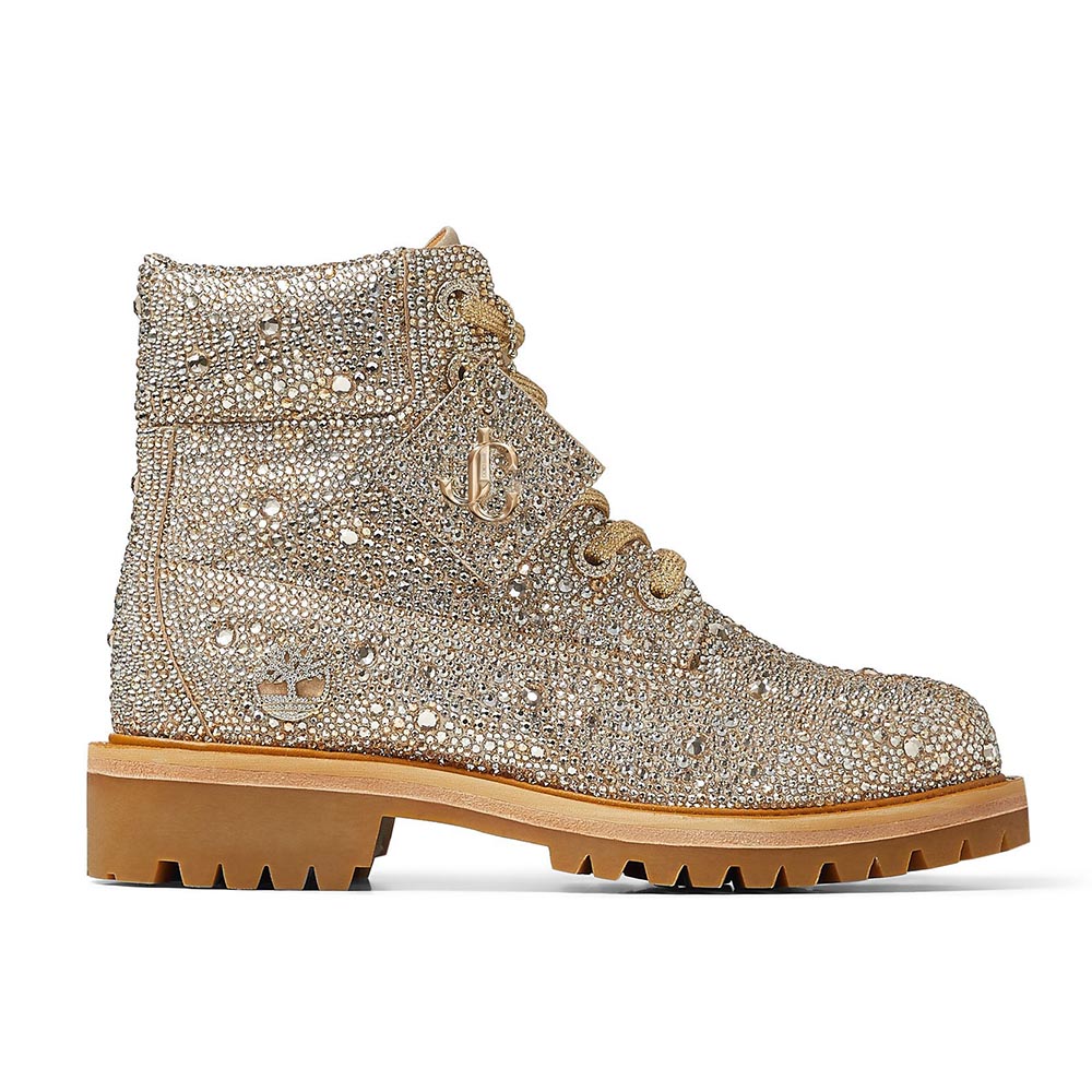 Side view of Jimmy Choo Women JC X Timberland/f Golden Mix Shimmer Suede Boots