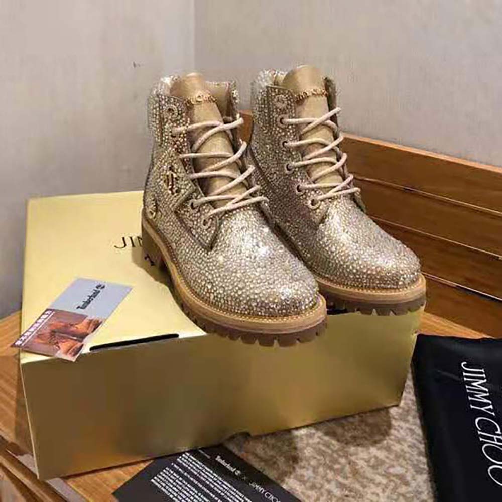 Close-up of crystal hotfix details on Jimmy Choo Women JC X Timberland/f boots
