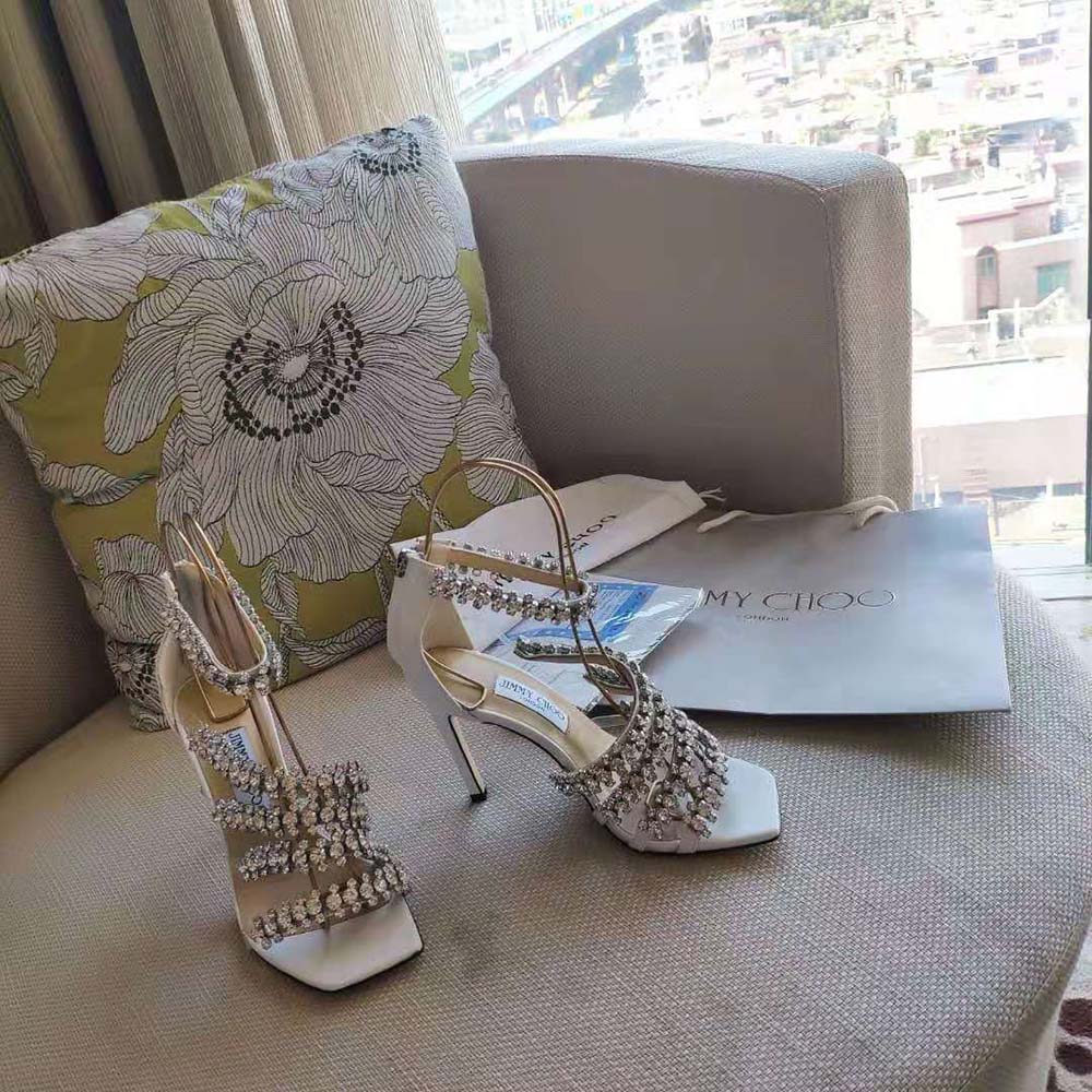 Back view showing 100mm stiletto heel of Jimmy Choo Women Josefine Latte sandals