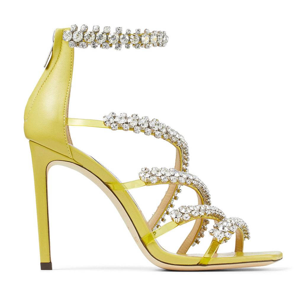 Side view of Jimmy Choo Women Josefine 100 Sunbleached Nappa Sandals with crystal details