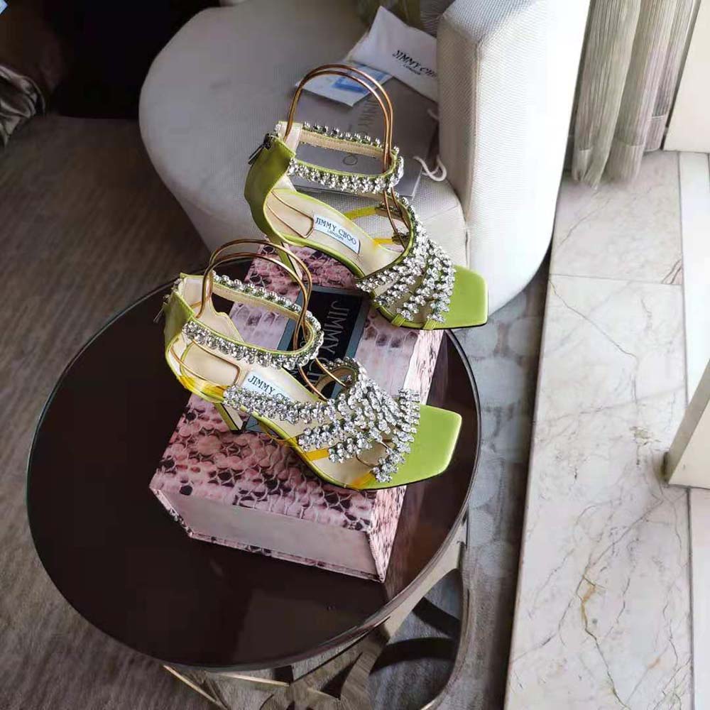 Close-up of crystal embellishment on Jimmy Choo Women Josefine 100 sandals