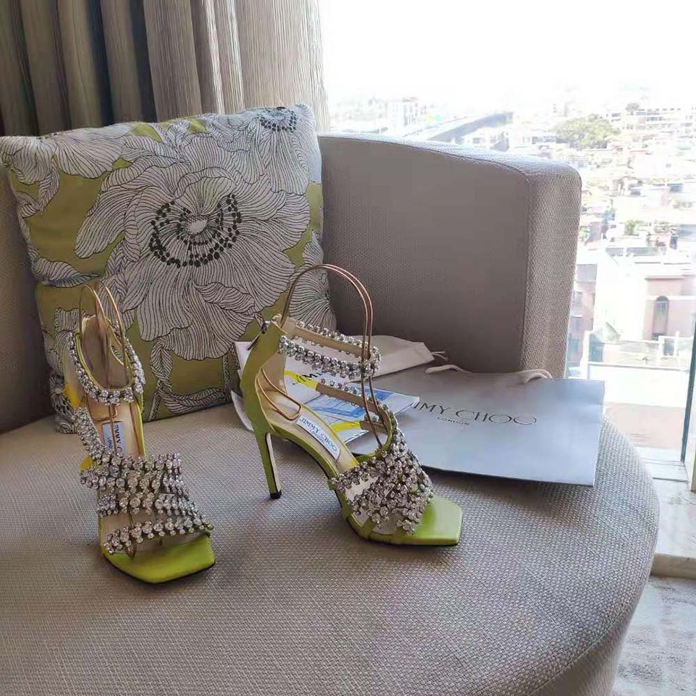 Rear angle showing buckle closure on Jimmy Choo Women Josefine 100 sandals