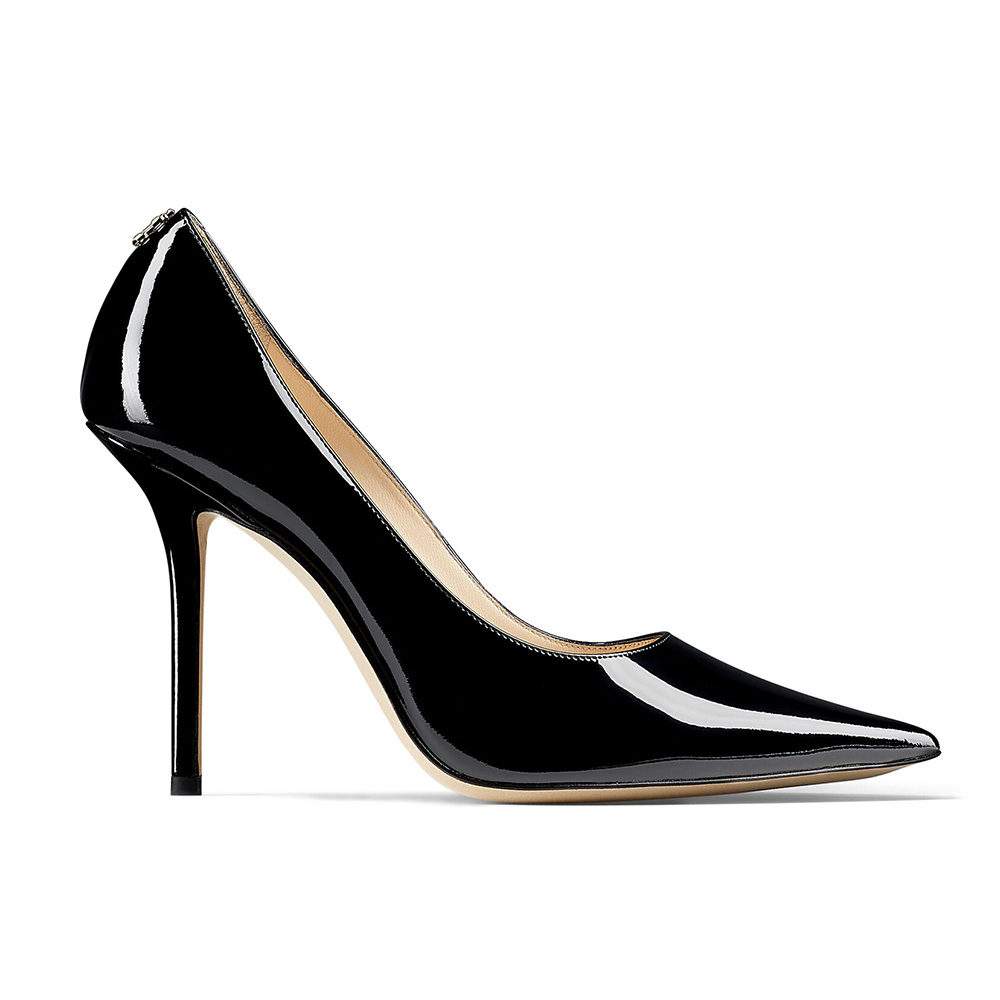 Front angle view of Jimmy Choo Women Love 100 Black Patent Leather Point-Toe Pumps
