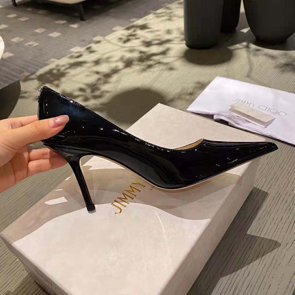 Jimmy Choo Women Love 100 Black Patent Leather Point-Toe Pumps with JC Emblem - image 7