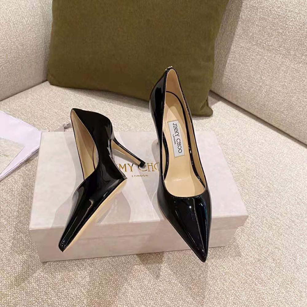 Jimmy Choo Women Love 100 Black Patent Leather Point-Toe Pumps with JC Emblem - image 5