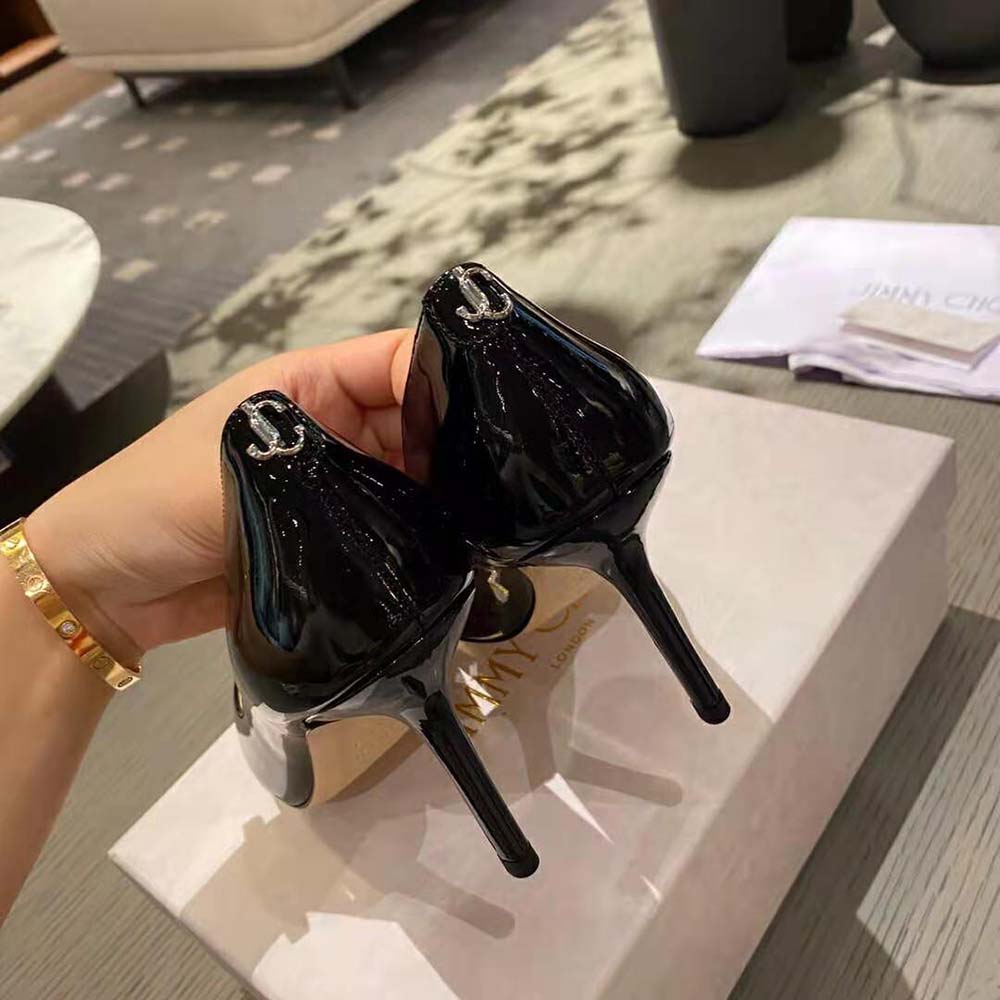 Jimmy Choo Women Love 100 Black Patent Leather Point-Toe Pumps with JC Emblem - image 9
