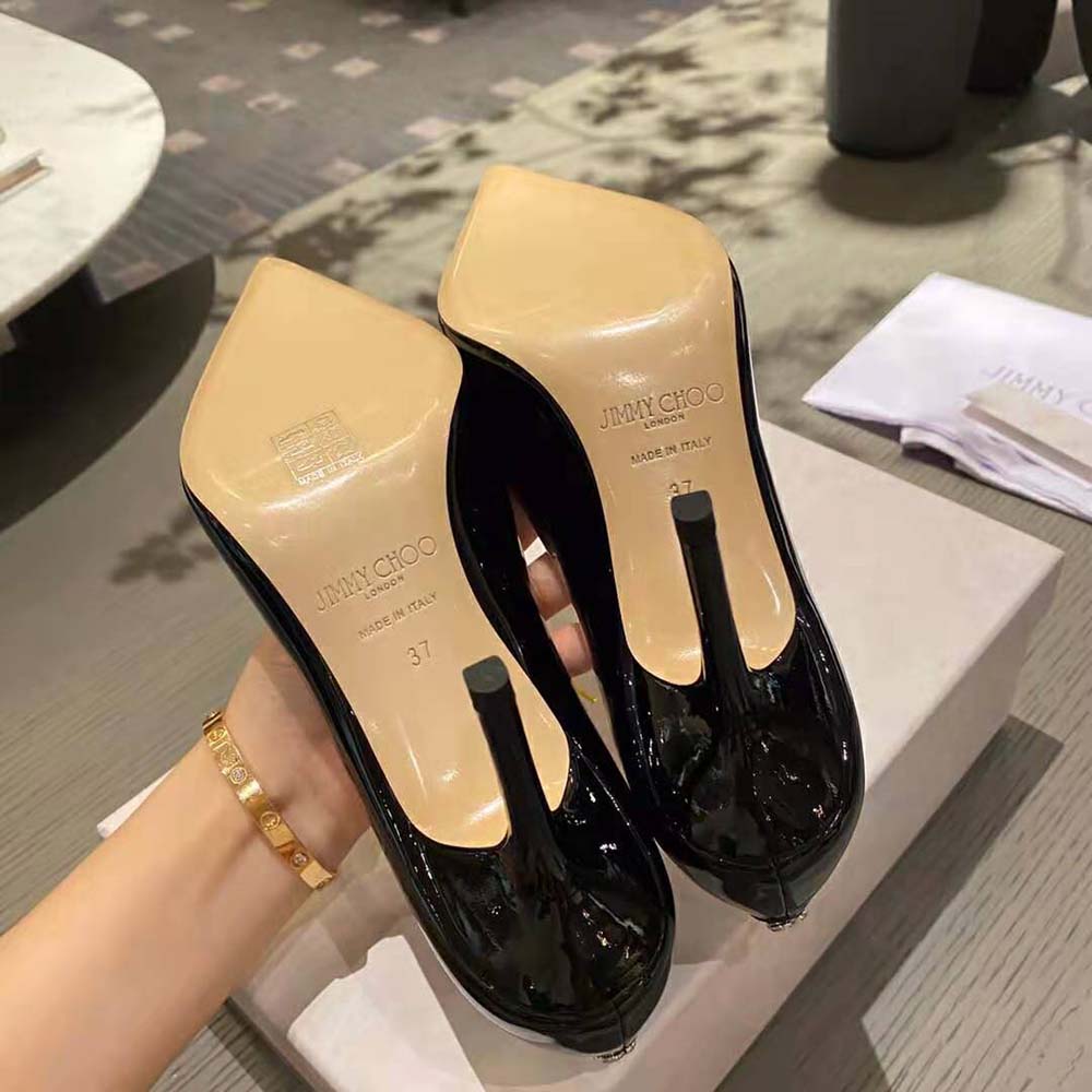 Jimmy Choo Women Love 100 Black Patent Leather Point-Toe Pumps with JC Emblem - image 10