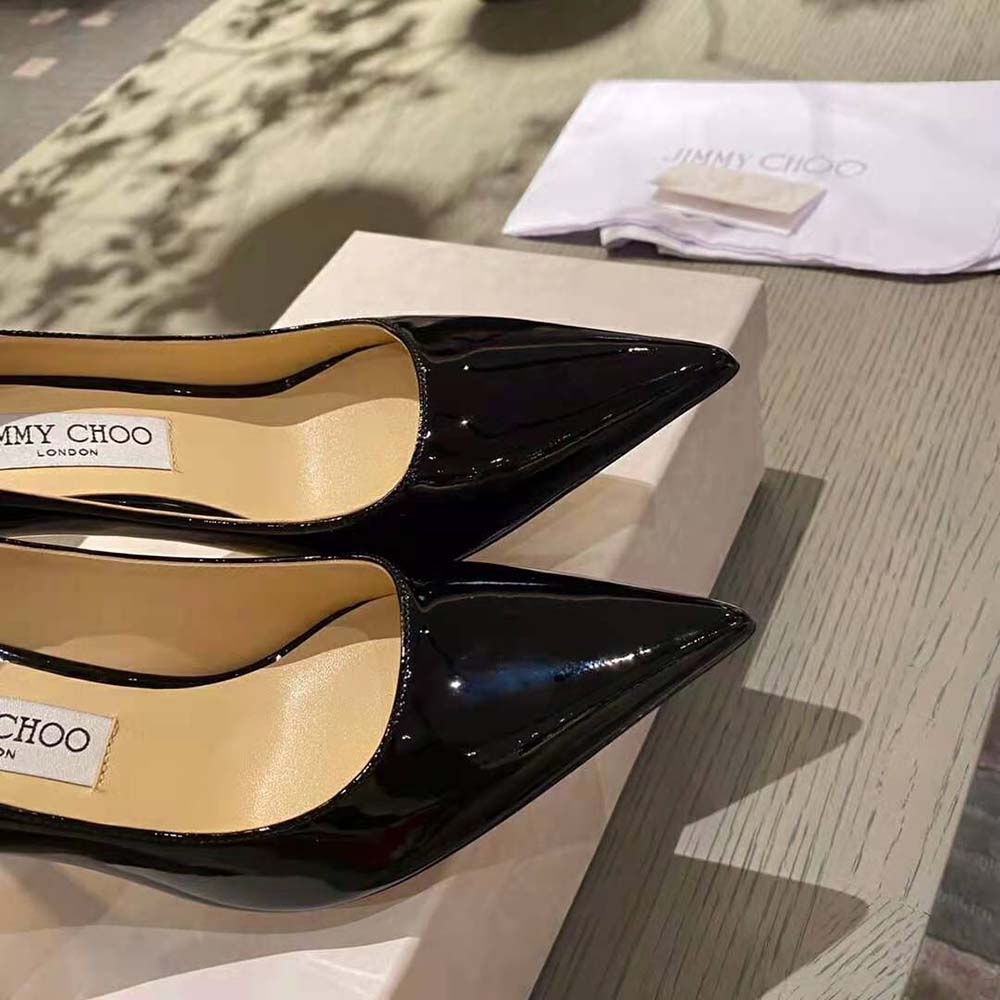 Jimmy Choo Women Love 100 Black Patent Leather Point-Toe Pumps with JC Emblem - image 8