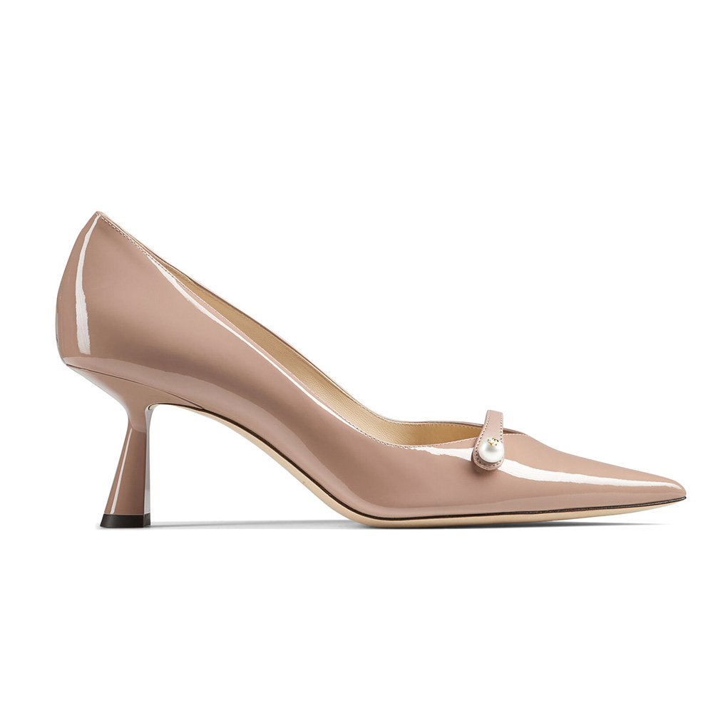 Side view of Jimmy Choo Women Rosalia 65 Ballet Pink Patent Pointed Pumps with Pearl Detail
