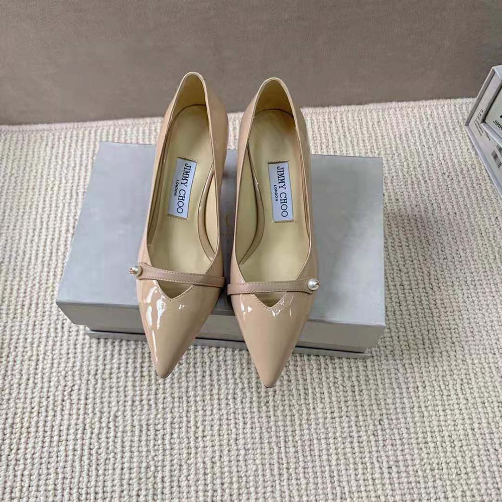 Close-up of pearl embellishments on Jimmy Choo Rosalia 65 Ballet Pink Pumps