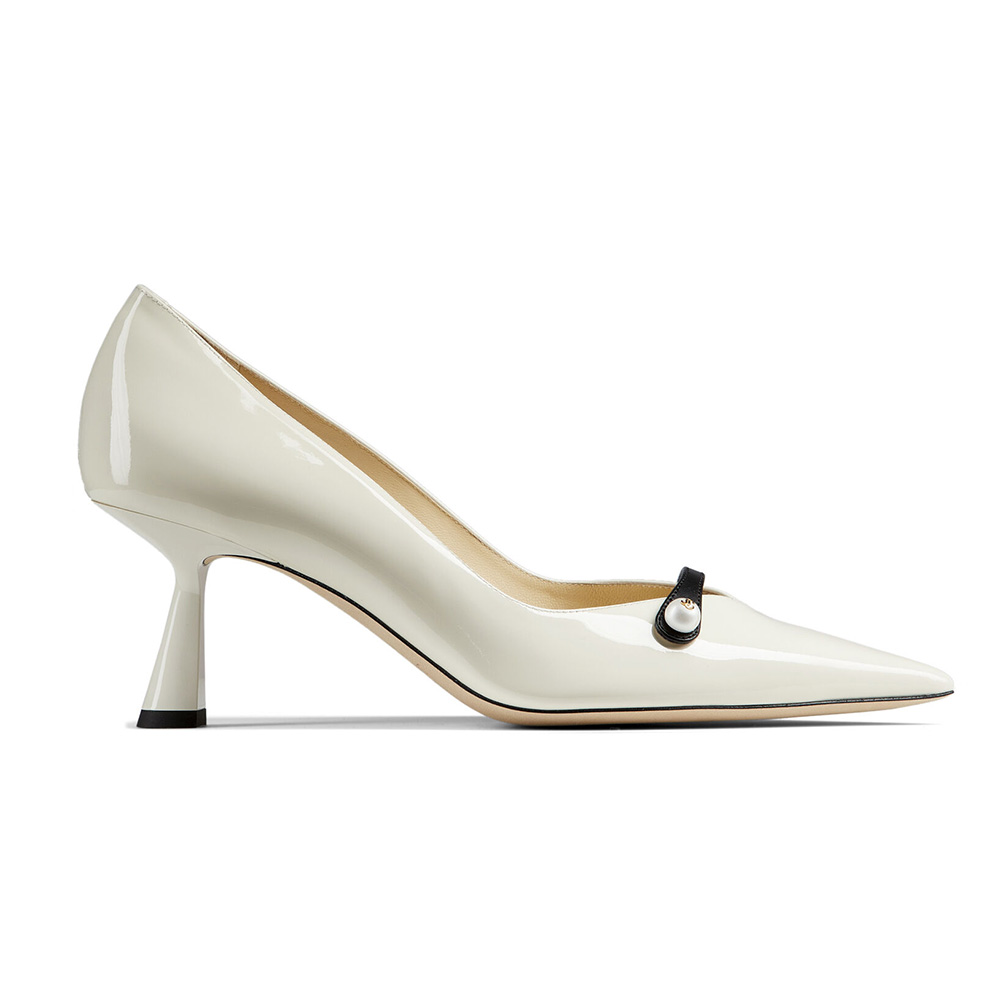 Side view of Jimmy Choo Women Rosalia 65 Latte Patent Pointed Pumps with Pearl Detail