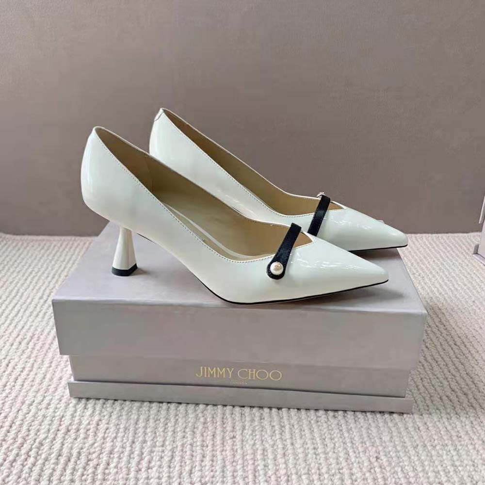 Top angle of white patent leather Jimmy Choo Women Rosalia 65 Pumps