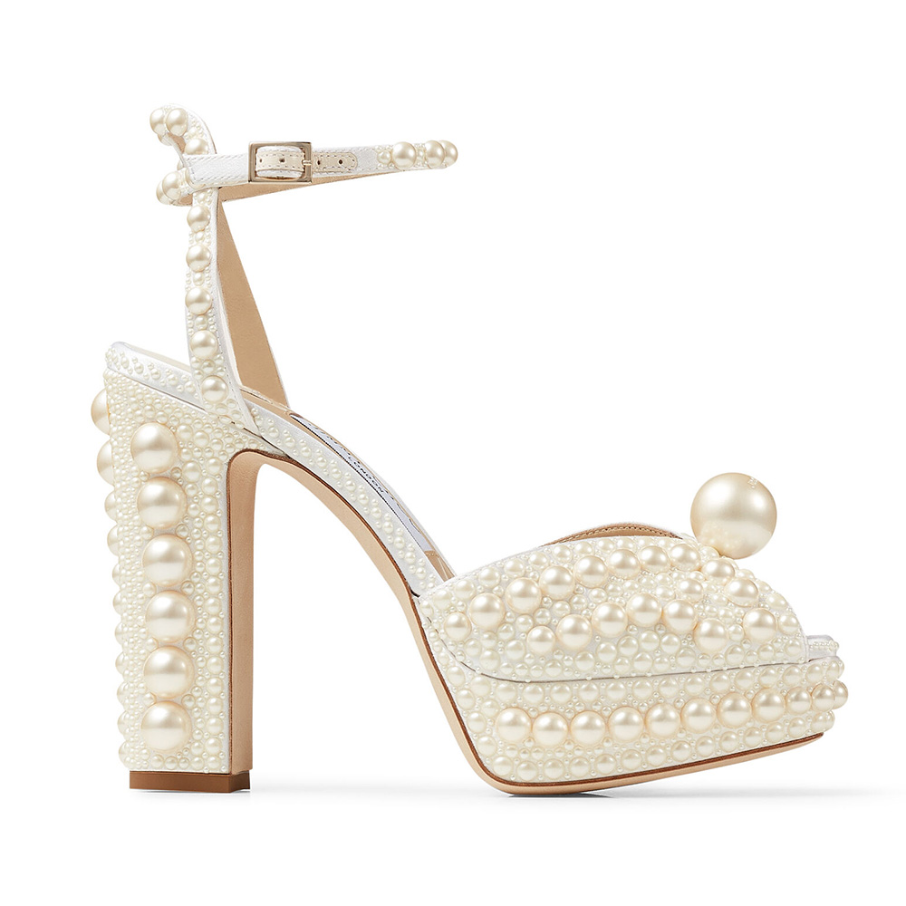 Side view of Jimmy Choo Women Sacaria/pf 120 White Satin Platform Sandals