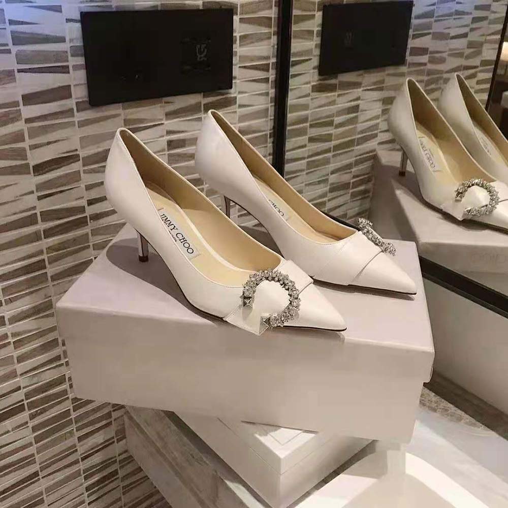 Back view of Jimmy Choo Women Saresa 65 Latte Leather Pumps showing heel