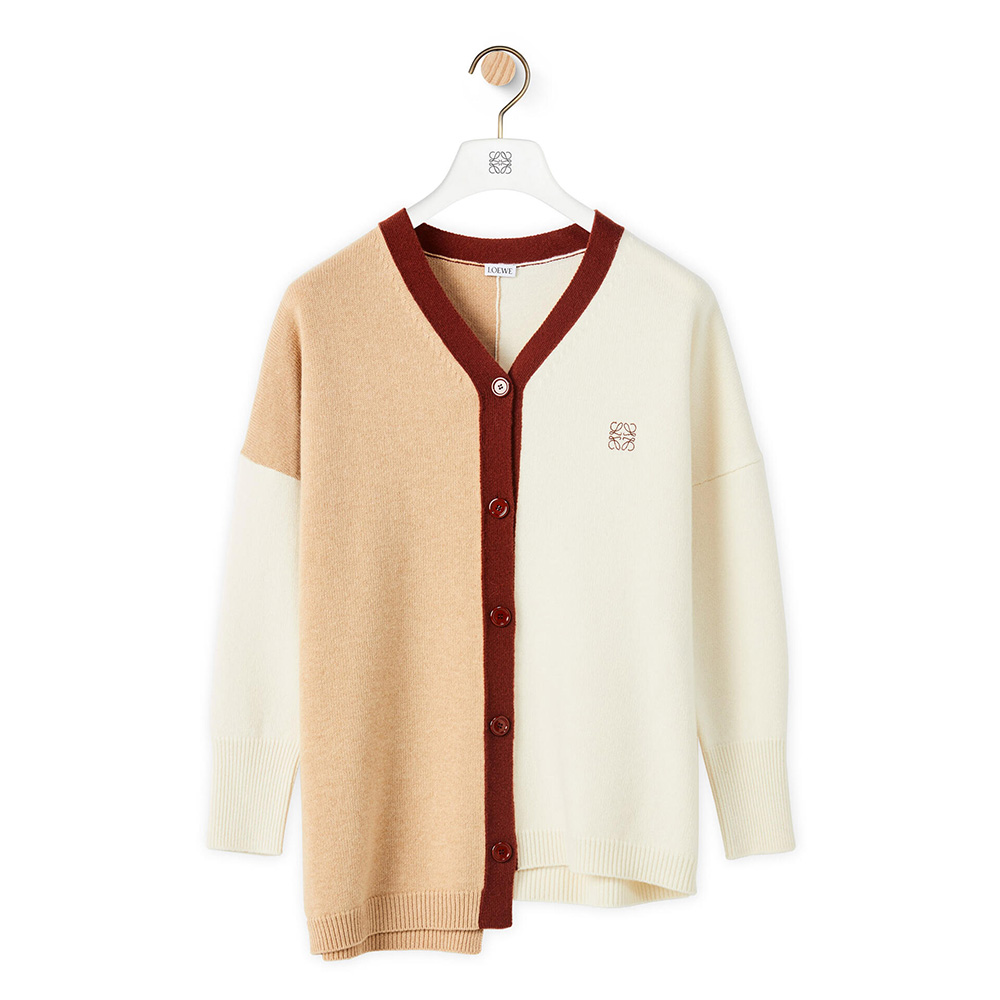 Front view of Loewe Women Anagram Asymmetric Cardigan in beige wool