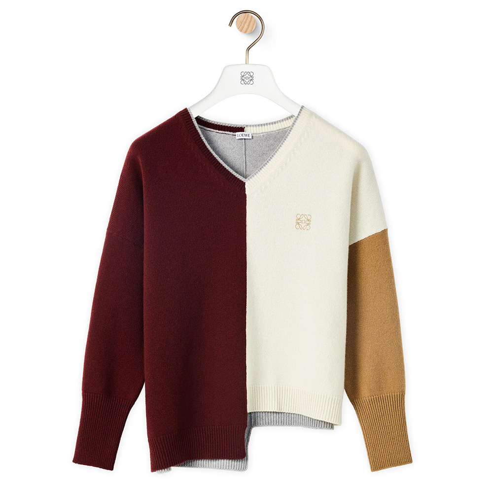Front view of Loewe Women Anagram Asymmetric Sweater in Wool-Maroon